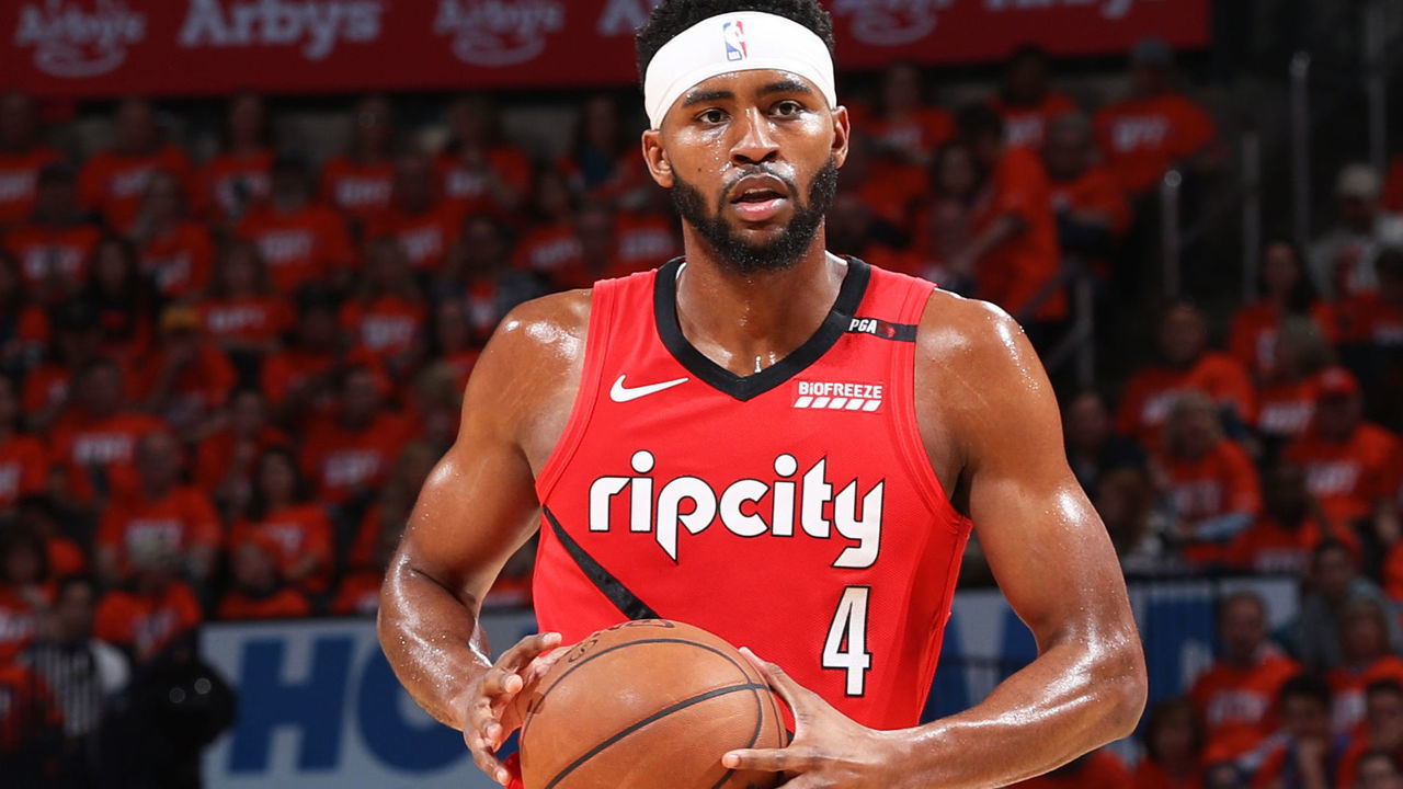 OKLAHOMA CITY, OK - APRIL 19: Maurice Harkless #4 of the Portland Trail Blazers handles the ball against the Oklahoma City Thunder during Round One Game Three of the 2019 NBA Playoffs on April 19, 2019 at Chesapeake Energy Arena in Oklahoma City, Oklahoma. Mandatory Copyright Notice: Copyright 2019 NBAE