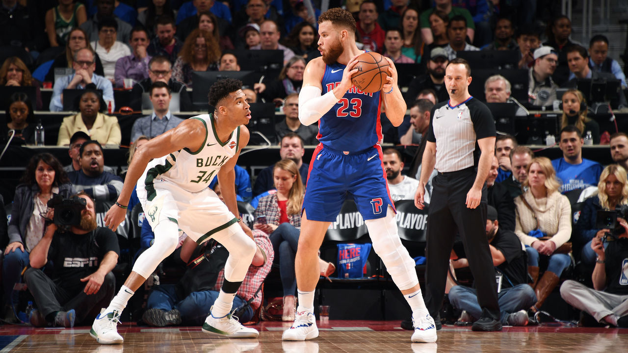 DETROIT, MI - APRIL 20: Giannis Antetokounmpo #34 of the Milwaukee Bucks defends Blake Griffin #23 of the Detroit Pistons during Game Three of Round One of the 2019 NBA Playoffs on April 20, 2019 at Little Caesars Arena in Detroit, Michigan. NOTE TO USER: User expressly acknowledges and agrees that, by downloading and/or using this photograph, user is consenting to the terms and conditions of the Getty Images License Agreement. Mandatory Copyright Notice: Copyright 2019 NBAE