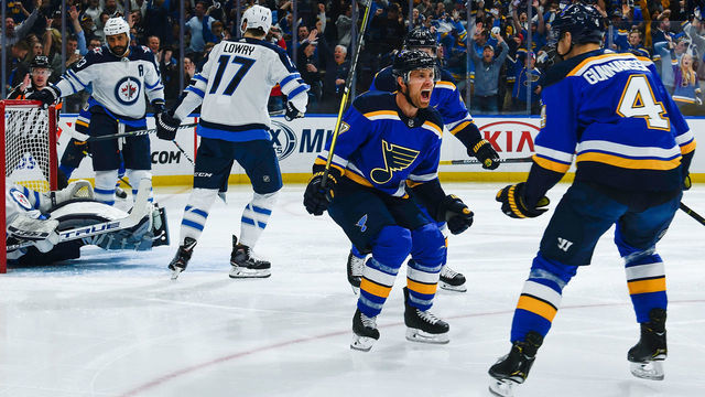 ST. LOUIS, MO - APRIL 20: Jaden Schwartz #17 of the St. Louis Blues reacts after scoring a goal against the Winnipeg Jets in Game Six of the Western Conference First Round during the 2019 NHL Stanley Cup Playoffs at Enterprise Center on April 20, 2019 in St. Louis, Missouri.