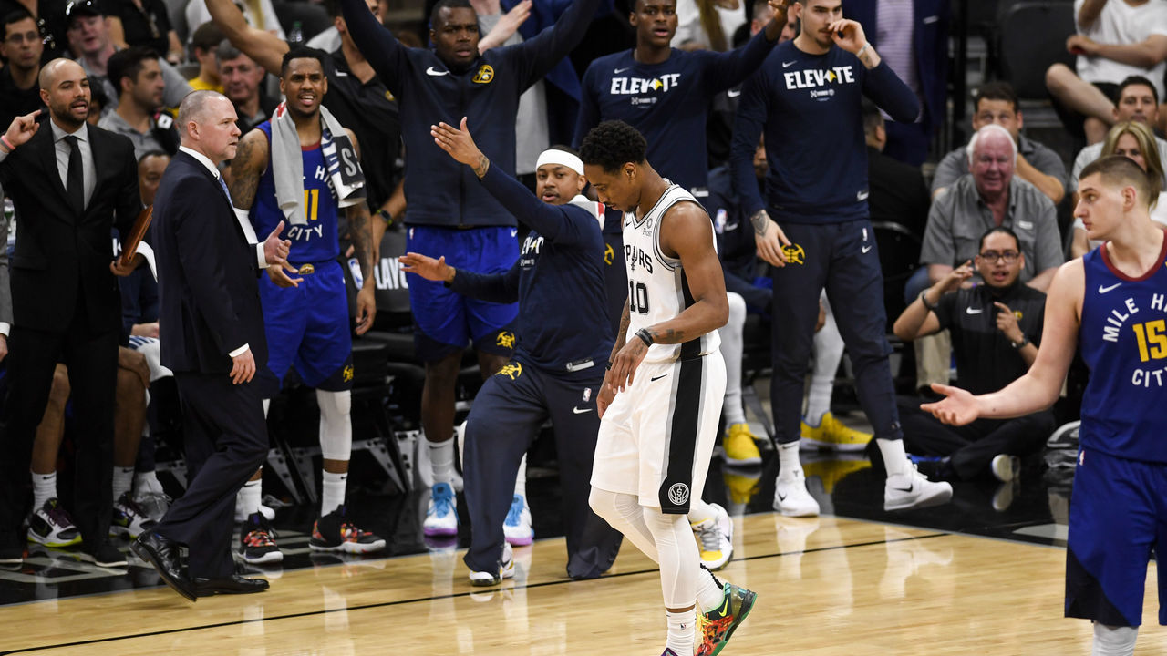SAN ANTONIO, TX - APRIL 20: The Denver Nuggets bench jeers DeMar DeRozan (10) of the San Antonio Spurs after he was ejected upon throwing the ball in the direction of the referee during the fourth quarter of the Nuggets' 117-103 win on Saturday, April 20, 2019. The Denver Nuggets and the San Antonio Spurs faced off for game four of their first round NBA playoffs series at the At&T Center.