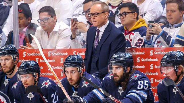 WINNIPEG, MB - APRIL 10: Head Coach Paul Maurice of the Winnipeg Jets looks on from the bench during first period action against the St. Louis Blues in Game One of the Western Conference First Round during the 2019 NHL Stanley Cup Playoffs at the Bell MTS Place on April 10, 2019 in Winnipeg, Manitoba, Canada.