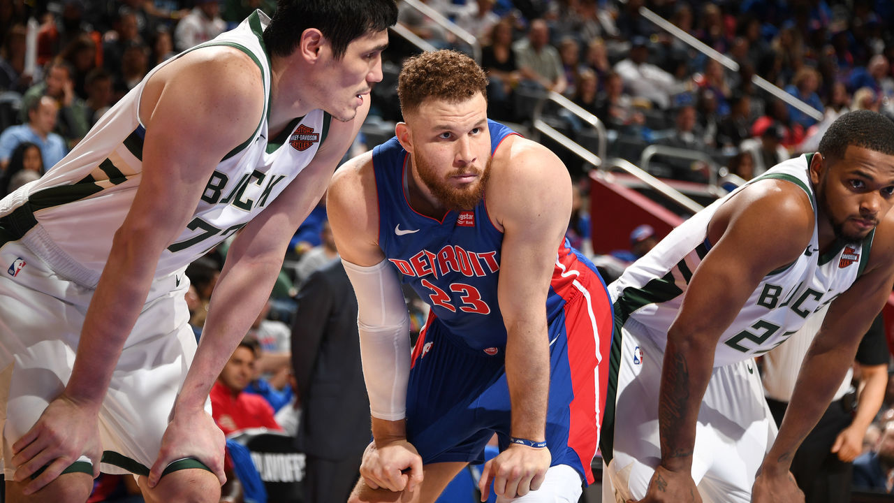 DETROIT, MI - APRIL 20: Blake Griffin #23 of the Detroit Pistons looks on against the Milwaukee Bucks during Game Three of Round One of the 2019 NBA Playoffs on April 20, 2019 at Little Caesars Arena in Detroit, Michigan. NOTE TO USER: User expressly acknowledges and agrees that, by downloading and/or using this photograph, user is consenting to the terms and conditions of the Getty Images License Agreement. Mandatory Copyright Notice: Copyright 2019 NBAE