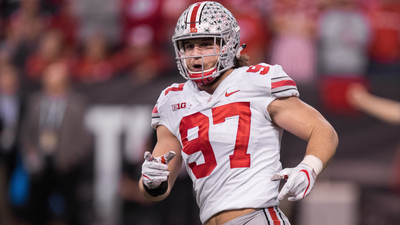 INDIANAPOLIS, IN - DECEMBER 02: Ohio State Buckeyes defensive lineman Nick Bosa (97) celebrates a sack during the Big 10 Championship game between the Wisconsin Badgers and Ohio State Buckeyes on December 2, 2017, at Lucas Oil Stadium in Indianapolis, IN.