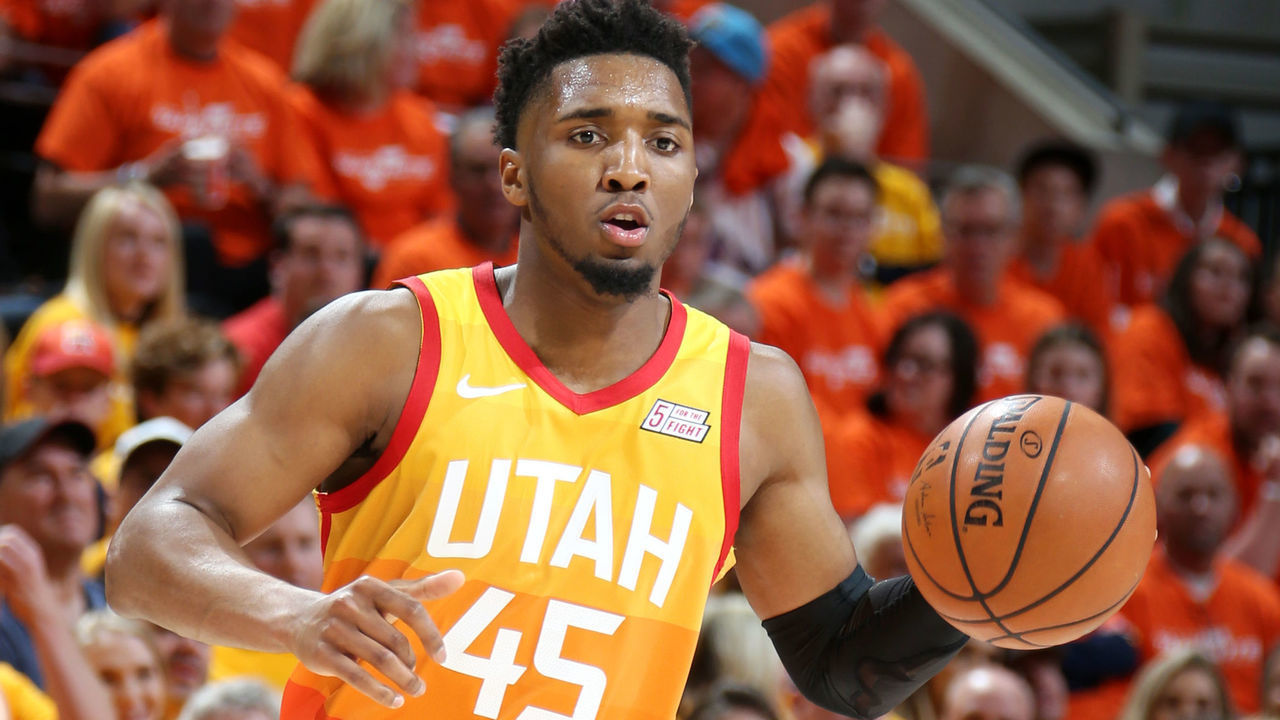 SALT LAKE CITY, UT - APRIL 20: Donovan Mitchell #45 of the Utah Jazz handles the ball against the Houston Rockets during Game Three of Round One of the 2019 NBA Playoffs on April 20, 2019 at vivint.SmartHome Arena in Salt Lake City, Utah. Mandatory Copyright Notice: Copyright 2019 NBAE