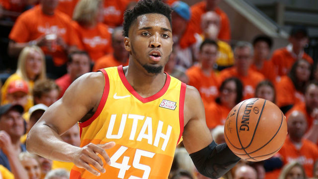 SALT LAKE CITY, UT - APRIL 20: Donovan Mitchell #45 of the Utah Jazz handles the ball against the Houston Rockets during Game Three of Round One of the 2019 NBA Playoffs on April 20, 2019 at vivint.SmartHome Arena in Salt Lake City, Utah. Mandatory Copyright Notice: Copyright 2019 NBAE