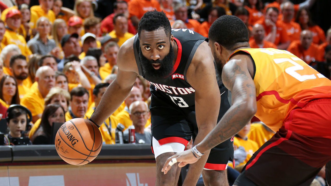 SALT LAKE CITY, UT - APRIL 20: James Harden #13 of the Houston Rockets handles the ball against the Utah Jazz during Game Three of Round One of the 2019 NBA Playoffs on April 20, 2019 at vivint.SmartHome Arena in Salt Lake City, Utah. Mandatory Copyright Notice: Copyright 2019 NBAE