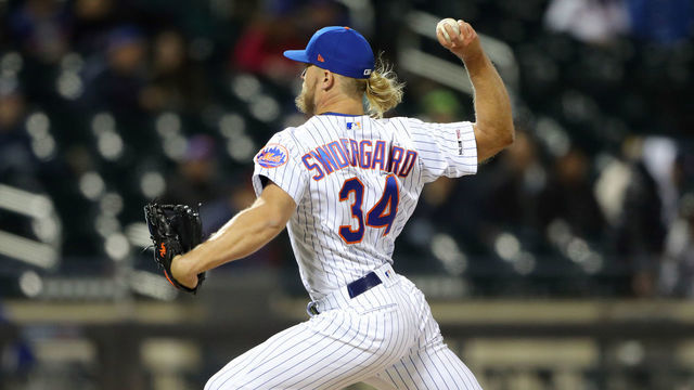FLUSHING, NY - APRIL 10: Noah Syndergaard #34 of the New York Mets bats during the game between the Minnesota Twins and the New York Mets at Citi Field on Wednesday, April 10, 2019 in Flushing, New York.