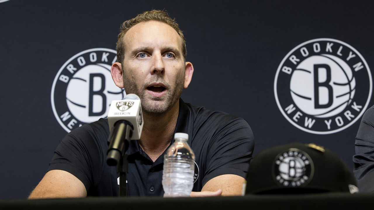BROOKLYN, NY - JUNE 22: General Manager Sean Marks of the Brooklyn Nets speaks at the Post NBA Draft press conference with Dzanan Musa and Rodions Kurucs on June 22, 2018 at the HSS Training Center in Brooklyn, New York. NOTE TO USER: User expressly acknowledges and agrees that, by downloading and/or using this photograph, user is consenting to the terms and conditions of the Getty Images License Agreement. Mandatory Copyright Notice: Copyright 2018 NBAE