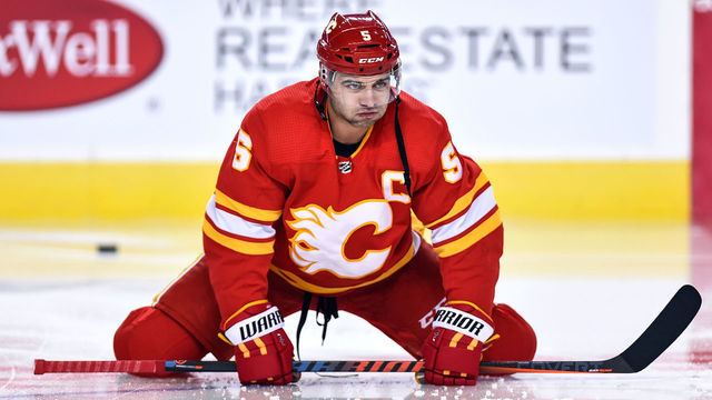 CALGARY, AB - APRIL 06: Calgary Flames Defenceman Mark Giordano (5) warms up before an NHL game where the Calgary Flames hosted the Edmonton Oilers on April 6, 2019, at the Scotiabank Saddledome in Calgary, AB.