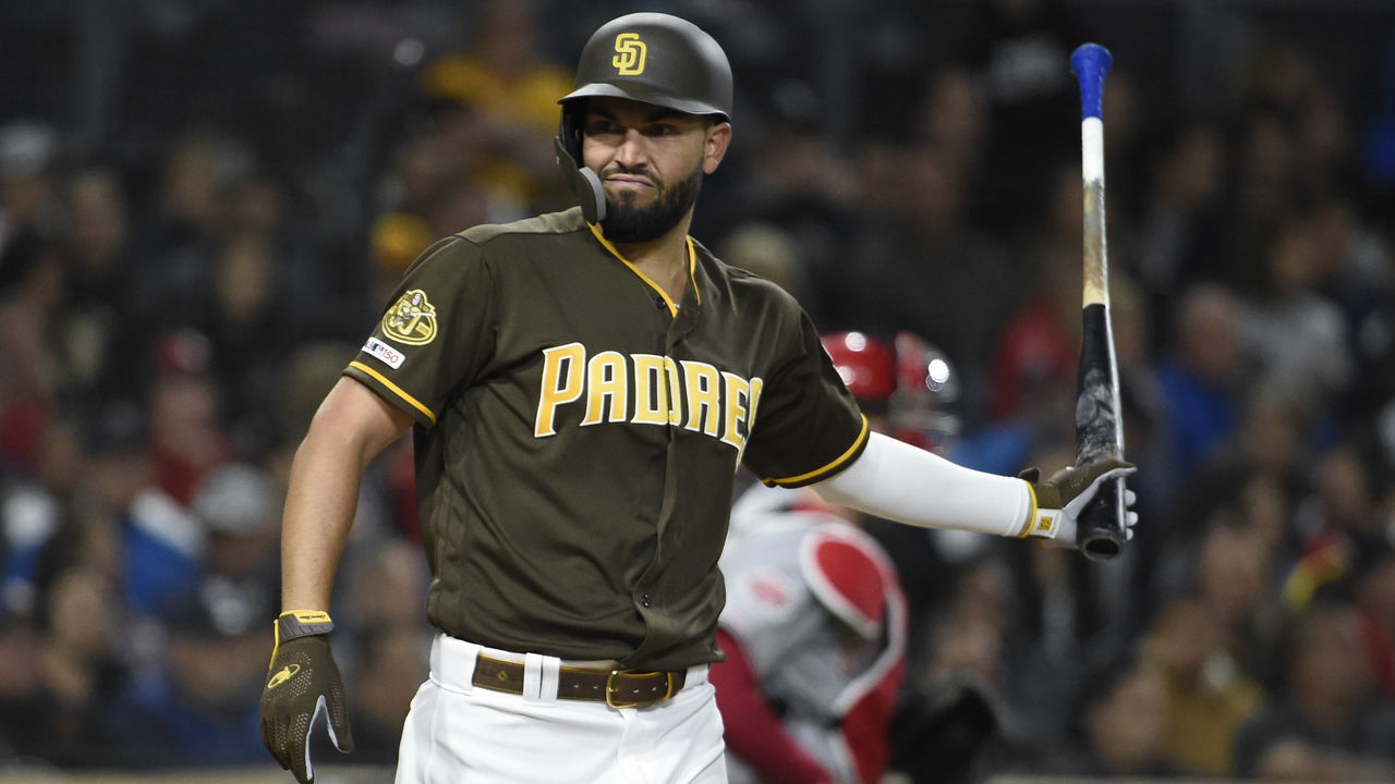 SAN DIEGO, CA - APRIL 19: Eric Hosmer #30 of the San Diego Padres tosses his bat after striking out swinging during the eighth inning of a baseball game against the Cincinnati Reds at Petco Park April 19, 2019 in San Diego, California.
