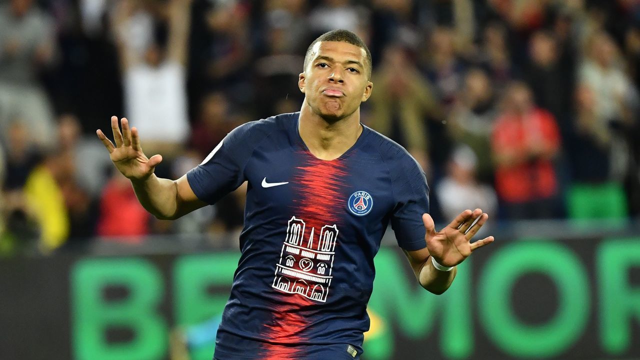 PARIS, FRANCE - APRIL 21: Kylian Mbappe of Paris Saint-Germain celebrates his score during the French Ligue 1 football match between Paris Saint-Germain (PSG) and Monaco at Parc des Princes Stadium in Paris, France on April 21, 2019.
