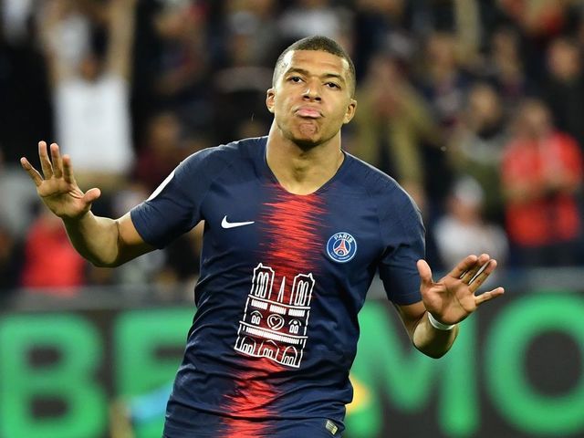 PARIS, FRANCE - APRIL 21: Kylian Mbappe of Paris Saint-Germain celebrates his score during the French Ligue 1 football match between Paris Saint-Germain (PSG) and Monaco at Parc des Princes Stadium in Paris, France on April 21, 2019.