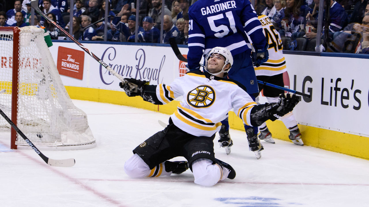 TORONTO, ON - APRIL 21: Boston Bruins Right Wing Jake Debrusk (74) celebrates his goal during the second period of Game 6 of the First Round Stanley Cup Playoffs series between the Boston Bruins and the Toronto Maple Leafs on April 21, 2019, at Scotiabank Arena in Toronto, ON.