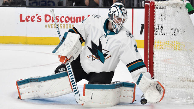 LAS VEGAS, NV - APRIL 21: Martin Jones #31 of the San Jose Sharks saves a shot during the third period against the Vegas Golden Knights in Game Six of the Western Conference First Round during the 2019 NHL Stanley Cup Playoffs at T-Mobile Arena on April 21, 2019 in Las Vegas, Nevada.