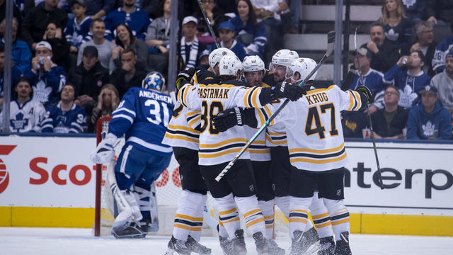 TORONTO, ON - APRIL 21: Boston Bruins Left Wing Brad Marchand (63) celebrates his goal with his team mates during Game 6 of the First Round Stanley Cup Playoffs series between the Boston Bruins and the Toronto Maple Leafs on April 21, 2019, at Scotiabank Arena in Toronto, ON.