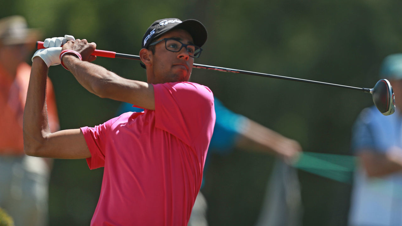PALM HARBOR, FLORIDA - MARCH 22: Amateur Akashay Bhatia watches his tee shot on the 18th hole during the second round of the Valspar Championship on the Copperhead course at Innisbrook Golf Resort on March 22, 2019 in Palm Harbor, Florida.