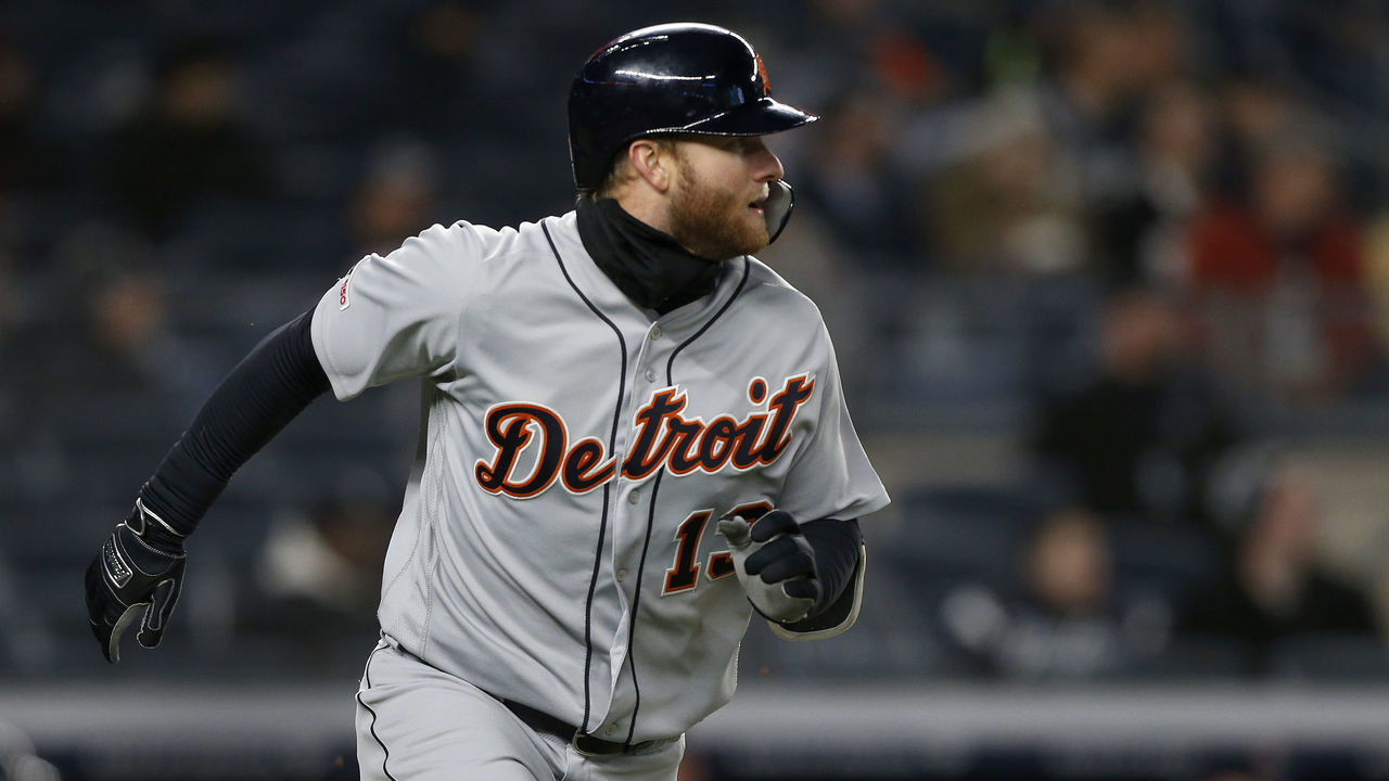 NEW YORK, NEW YORK - APRIL 02: (NEW YORK DAILIES OUT) Dustin Peterson #13 of the Detroit Tigers runs out his ninth inning run scoring double against the New York Yankees at Yankee Stadium on April 02, 2019 in New York City. The Tigers defeated the Yankees 3-1.