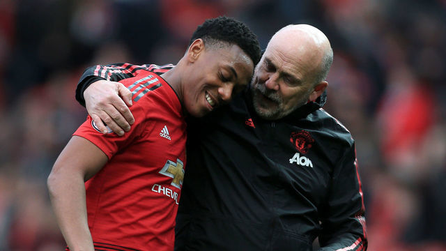 MANCHESTER, ENGLAND - APRIL 13: Man Utd assistant Mike Phelan puts his arm around Anthony Martial of Man Utd after the Premier League match between Manchester United and West Ham United at Old Trafford on April 13, 2019 in Manchester, United Kingdom.