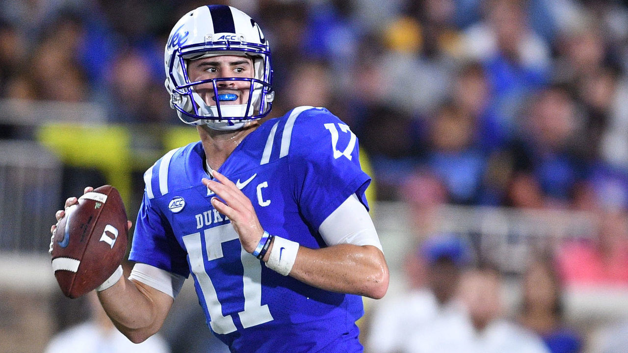 DURHAM, NC - SEPTEMBER 29: Daniel Jones #17 of the Duke Blue Devils against the Virginia Tech Hokies during their game at Wallace Wade Stadium on September 29, 2018 in Durham, North Carolina. Virginia Tech won 31-14.