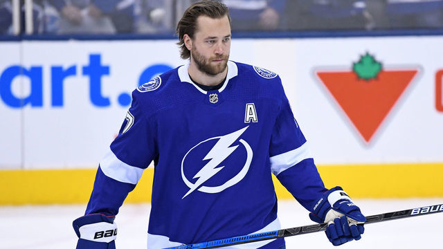 TORONTO, ON - MARCH 11: Tampa Bay Lightning Defenceman Victor Hedman (77) in warmups prior to the regular season NHL game between the Tampa Bay Lightning and Toronto Maple Leafs on March 11, 2019 at Scotiabank Arena in Toronto, ON.