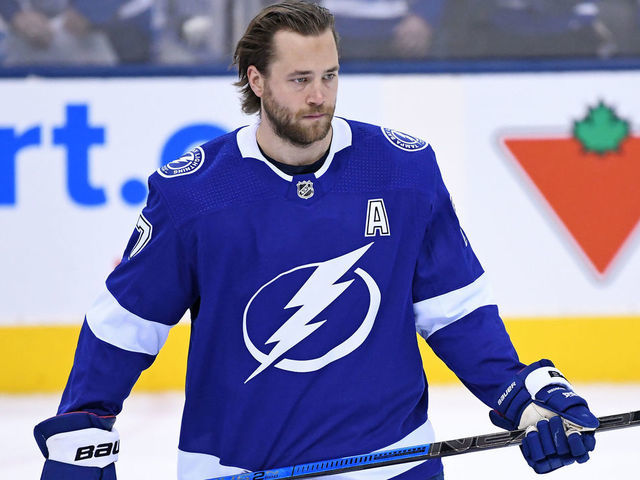 TORONTO, ON - MARCH 11: Tampa Bay Lightning Defenceman Victor Hedman (77) in warmups prior to the regular season NHL game between the Tampa Bay Lightning and Toronto Maple Leafs on March 11, 2019 at Scotiabank Arena in Toronto, ON.
