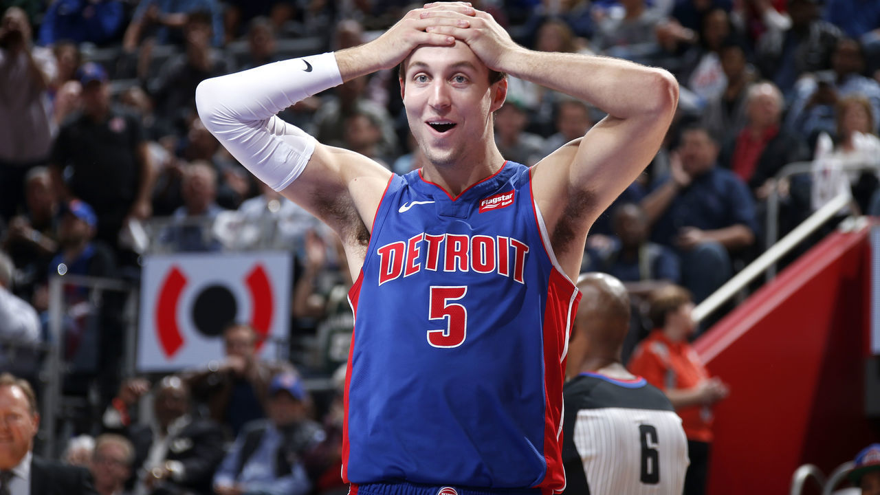 DETROIT, MI - APRIL 22: Luke Kennard #5 of the Detroit Pistons reacts to a play against the Milwaukee Bucks during Game Four of Round One of the 2019 NBA Playoffs on April 22, 2019 at Little Caesars Arena in Detroit, Michigan. NOTE TO USER: User expressly acknowledges and agrees that, by downloading and/or using this photograph, user is consenting to the terms and conditions of the Getty Images License Agreement. Mandatory Copyright Notice: Copyright 2019 NBAE