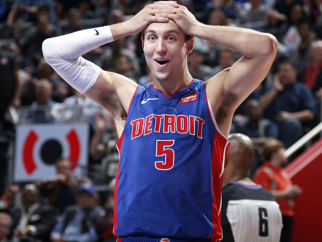 DETROIT, MI - APRIL 22: Luke Kennard #5 of the Detroit Pistons reacts to a play against the Milwaukee Bucks during Game Four of Round One of the 2019 NBA Playoffs on April 22, 2019 at Little Caesars Arena in Detroit, Michigan. NOTE TO USER: User expressly acknowledges and agrees that, by downloading and/or using this photograph, user is consenting to the terms and conditions of the Getty Images License Agreement. Mandatory Copyright Notice: Copyright 2019 NBAE