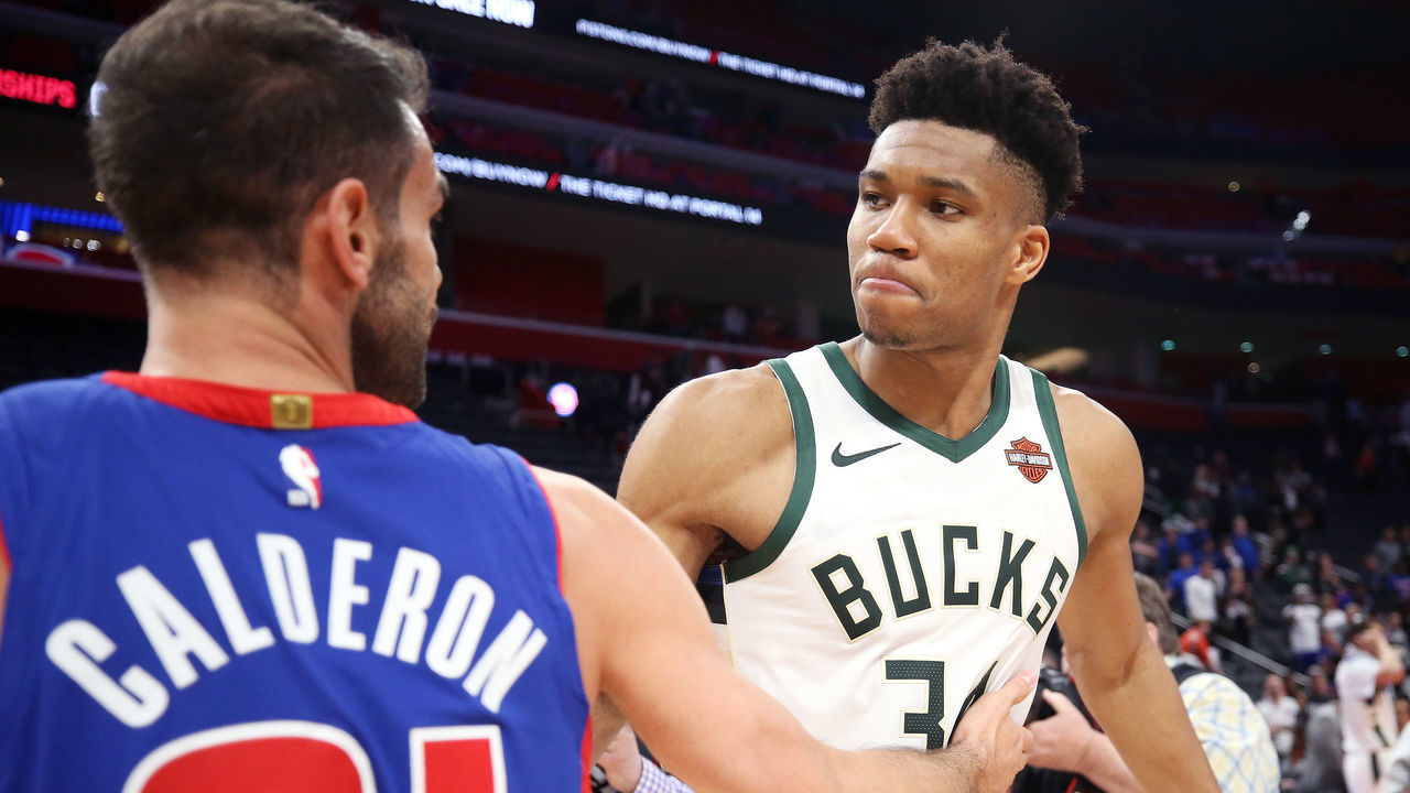 DETROIT, MI - APRIL 22: Jose Calderon #81 of the Detroit Pistons and Giannis Antetokounmpo #34 of the Milwaukee Bucks talk after Game Four of Round One of the 2019 NBA Playoffs on April 22, 2019 at Little Caesars Arena in Detroit, Michigan. NOTE TO USER: User expressly acknowledges and agrees that, by downloading and/or using this photograph, user is consenting to the terms and conditions of the Getty Images License Agreement. Mandatory Copyright Notice: Copyright 2019 NBAE