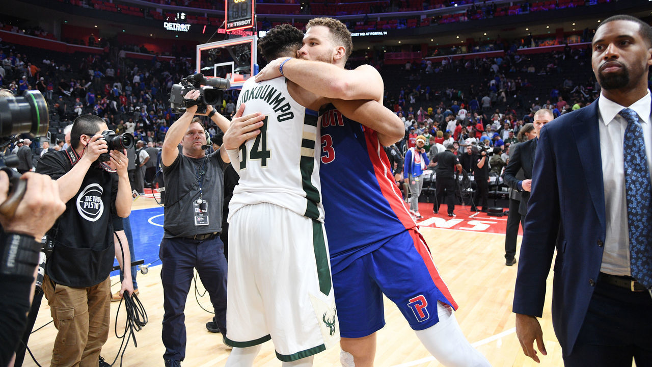 DETROIT, MI - APRIL 22: Giannis Antetokounmpo #34 of the Milwaukee Bucks and Blake Griffin #23 of the Detroit Pistons hug after Game Four of Round One of the 2019 NBA Playoffs on April 22, 2019 at Little Caesars Arena in Detroit, Michigan. NOTE TO USER: User expressly acknowledges and agrees that, by downloading and/or using this photograph, User is consenting to the terms and conditions of the Getty Images License Agreement. Mandatory Copyright Notice: Copyright 2019 NBAE