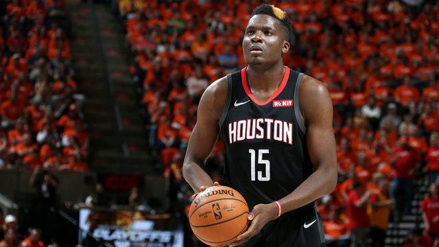SALT LAKE CITY, UT - APRIL 20: Clint Capela #15 of the Houston Rockets shoots a free-throw against the Utah Jazz during Game Three of Round One of the 2019 NBA Playoffs on April 20, 2019 at vivint.SmartHome Arena in Salt Lake City, Utah. Mandatory Copyright Notice: Copyright 2019 NBAE
