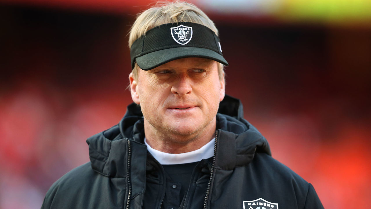 KANSAS CITY, MO - DECEMBER 30: Oakland Raiders head coach Jon Gruden before an NFL game between the Oakland Raiders and Kansas City Chiefs on December 30, 2018 at Arrowhead Stadium in Kansas City, MO.