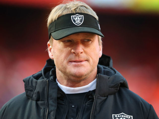 KANSAS CITY, MO - DECEMBER 30: Oakland Raiders head coach Jon Gruden before an NFL game between the Oakland Raiders and Kansas City Chiefs on December 30, 2018 at Arrowhead Stadium in Kansas City, MO.
