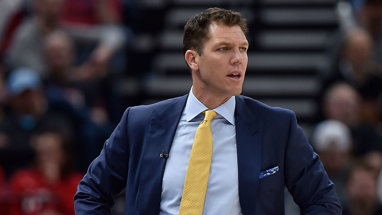 SALT LAKE CITY, UT - MARCH 27: Head coach Luke Walton of the Los Angeles Lakers looks on from the sideline in the first half of a NBA game against the Utah Jazz at Vivint Smart Home Arena on March 27, 2019 in Salt Lake City, Utah.