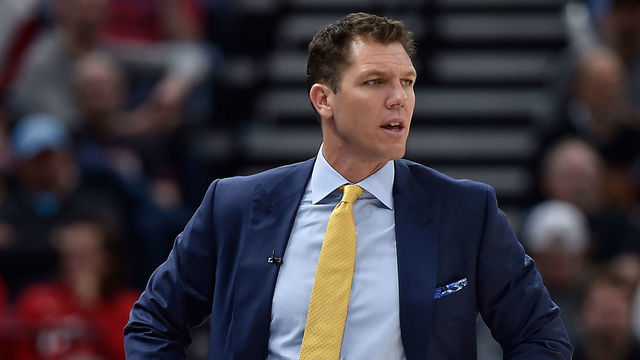 SALT LAKE CITY, UT - MARCH 27: Head coach Luke Walton of the Los Angeles Lakers looks on from the sideline in the first half of a NBA game against the Utah Jazz at Vivint Smart Home Arena on March 27, 2019 in Salt Lake City, Utah.