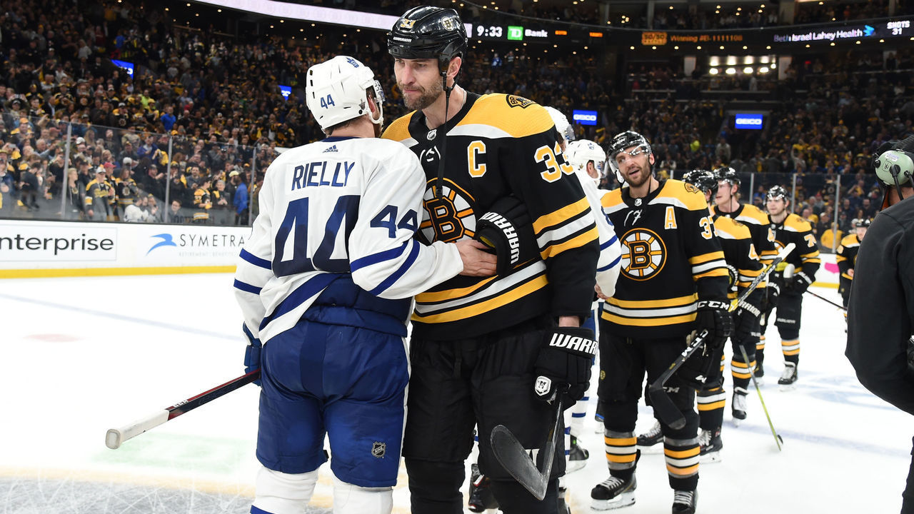 BOSTON, MA - APRIL 23: Zdneo Chara #33 of the Boston Bruins and Morgan Rielly #44 of the Toronto Maple Leafs shake hands after Game Seven of the Eastern Conference First Round during the 2019 NHL Stanley Cup Playoffs at the TD Garden on April 23, 2019 in Boston, Massachusetts.