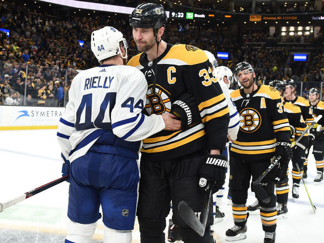 BOSTON, MA - APRIL 23: Zdneo Chara #33 of the Boston Bruins and Morgan Rielly #44 of the Toronto Maple Leafs shake hands after Game Seven of the Eastern Conference First Round during the 2019 NHL Stanley Cup Playoffs at the TD Garden on April 23, 2019 in Boston, Massachusetts.