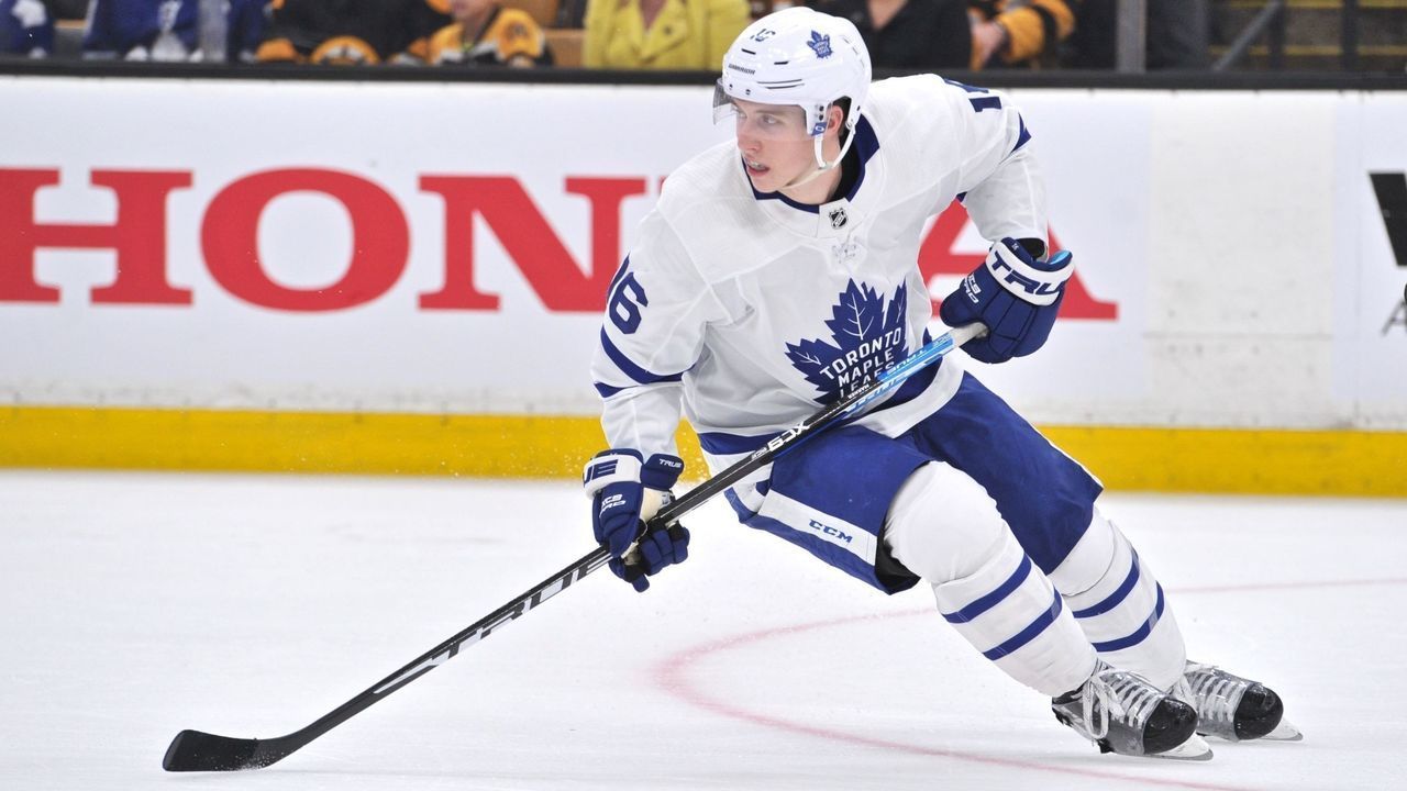 BOSTON, MA - APRIL 13: Toronto Maple Leafs right wing Mitchell Marner (16) makes a quick turn, and heads up ice after the puck. During Game 2 in the First round of the Stanley Cup playoffs featuring the Toronto Maple Leafs against the Boston Bruins on April 13, 2019 at TD Garden in Boston, MA.