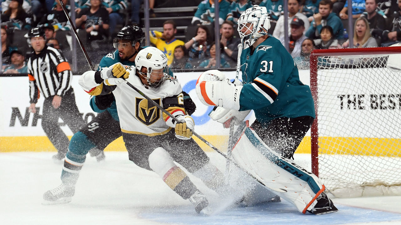 SAN JOSE, CA - APRIL 23: Cody Eakin #21 of the Vegas Golden Knights skates near Martin Jones #31 of the San Jose Sharks during the first period in Game Seven of the Western Conference First Round during the 2019 Stanley Cup Playoffs at SAP Center on April 23, 2019 in San Jose, California.