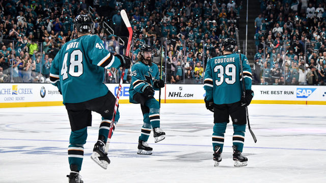 SAN JOSE, CA - APRIL 23: Logan Couture #39, Erik Karlsson #65, Kevin Labanc #62 and Tomas Hertl #48 of the San Jose Sharks celebrates scoring a goal against the Vegas Golden Knights in Game Seven of the Western Conference First Round during the 2019 NHL Stanley Cup Playoffs at SAP Center on April 23, 2019 in San Jose, California