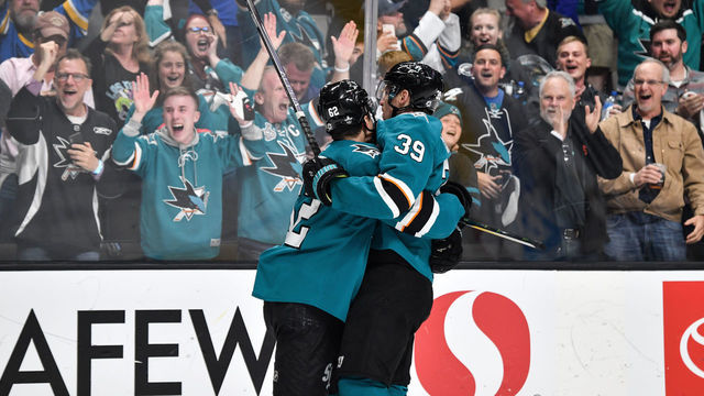 SAN JOSE, CA - APRIL 23: Kevin Labanc #62 and Logan Couture #39 of the San Jose Sharks celebrate scoring a goal against the Vegas Golden Knights in Game Seven of the Western Conference First Round during the 2019 NHL Stanley Cup Playoffs at SAP Center on April 23, 2019 in San Jose, California