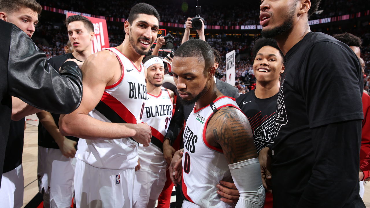 PORTLAND, OR - APRIL 23: Damian Lillard #0 of the Portland Trail Blazers reacts against the Oklahoma City Thunder after Game Five of Round One of the 2019 NBA Playoffs on April 23, 2019 at the Moda Center in Portland, Oregon. Mandatory Copyright Notice: Copyright 2019 NBAE