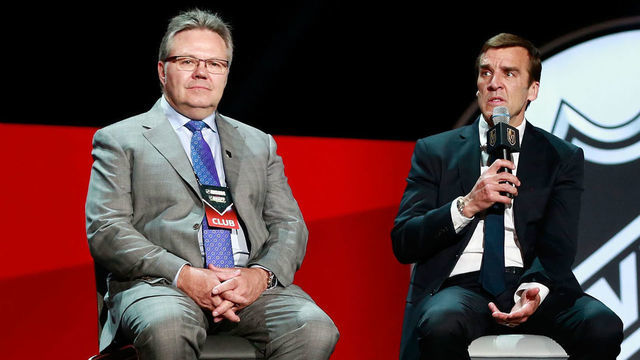 LAS VEGAS, NV - JUNE 21: (L-R) Gary Lawless, assistant general manager Kelly McCrimmon, general manager George McPhee and head coach Gerard Gallant of the Vegas Golden Knights speak onstage during the Vegas Golden Knights Round Table Rally after the 2017 NHL Awards & Expansion Draft at T-Mobile Arena on June 21, 2017 in Las Vegas, Nevada.