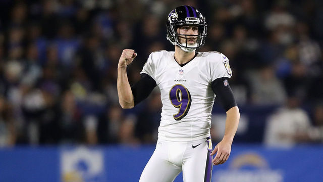 CARSON, CA - DECEMBER 22: Justin Tucker #9 of the Baltimore Ravens reacts after successfully kicking a 56 yard field goal during the second half of a game agains the Los Angeles Chargers at StubHub Center on December 22, 2018 in Carson, California.