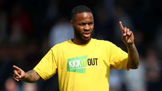 LONDON, ENGLAND - MARCH 30: Raheem Sterling of Manchester City warms up while wearing a Kick It Out racism shirt prior to the Premier League match between Fulham FC and Manchester City at Craven Cottage on March 30, 2019 in London, United Kingdom.