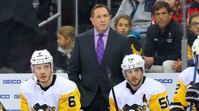 NEWARK, NJ - MARCH 29: Pittsburgh Penguins Assistant Coach Jacques Martin during the first period of the National Hockey League game between the New Jersey Devils and the Pittsburgh Penguins on March 29, 2018, at the Prudential Center in Newark, NJ.