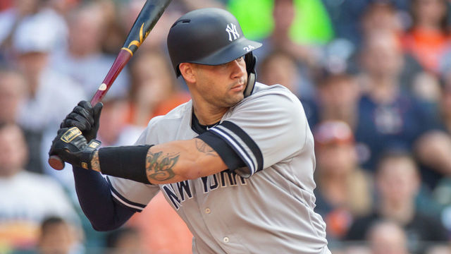 HOUSTON, TX - APRIL 08: New York Yankees catcher Gary Sanchez (24) at the plate in the first inning of a MLB baseball game between the New York Yankees and the Houston Astros on April 8, 2019, at Minute Maid Park in Houston, TX.