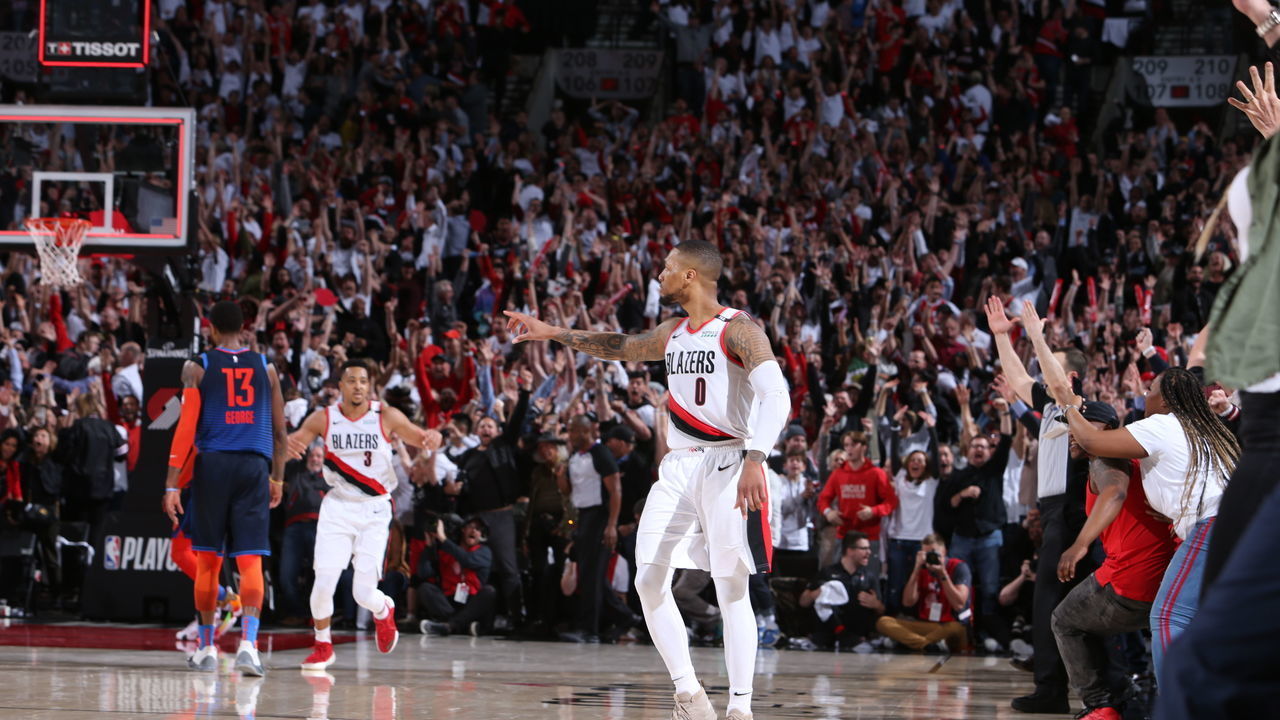 PORTLAND, OR - APRIL 23: Damian Lillard #0 of the Portland Trail Blazers reacts after his game winning three-pointer against the Oklahoma City Thunder after Game Five Round One of the 2019 NBA Playoffs on April 23, 2019 at the Moda Center in Portland, Oregon. Mandatory Copyright Notice: Copyright 2019 NBAE