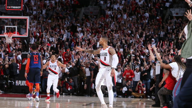 PORTLAND, OR - APRIL 23: Damian Lillard #0 of the Portland Trail Blazers reacts after his game winning three-pointer against the Oklahoma City Thunder after Game Five Round One of the 2019 NBA Playoffs on April 23, 2019 at the Moda Center in Portland, Oregon. Mandatory Copyright Notice: Copyright 2019 NBAE