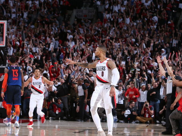PORTLAND, OR - APRIL 23: Damian Lillard #0 of the Portland Trail Blazers reacts after his game winning three-pointer against the Oklahoma City Thunder after Game Five Round One of the 2019 NBA Playoffs on April 23, 2019 at the Moda Center in Portland, Oregon. Mandatory Copyright Notice: Copyright 2019 NBAE
