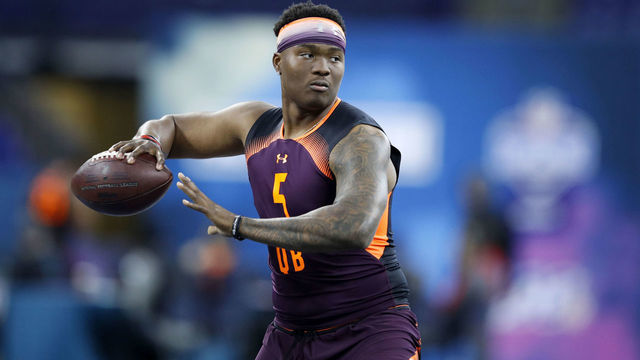 INDIANAPOLIS, IN - MARCH 02: Quarterback Dwayne Haskins of Ohio State in action during day three of the NFL Combine at Lucas Oil Stadium on March 2, 2019 in Indianapolis, Indiana.